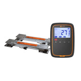 A Gallagher W-O cattle scale system featuring a black and orange handheld controller with a blue backlit display next to two metal platform load bars with orange labels, shown on a plain white background.