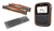 A Gallagher TW-3 Cattle scale system with an orange and black casing shown next to two Weigh scale load bars and a flat metal Alleyway platform on a white background.