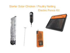 Starter solar chicken/poultry netting electric fence kit with solar panel, netting, and electronic devices on a white background.